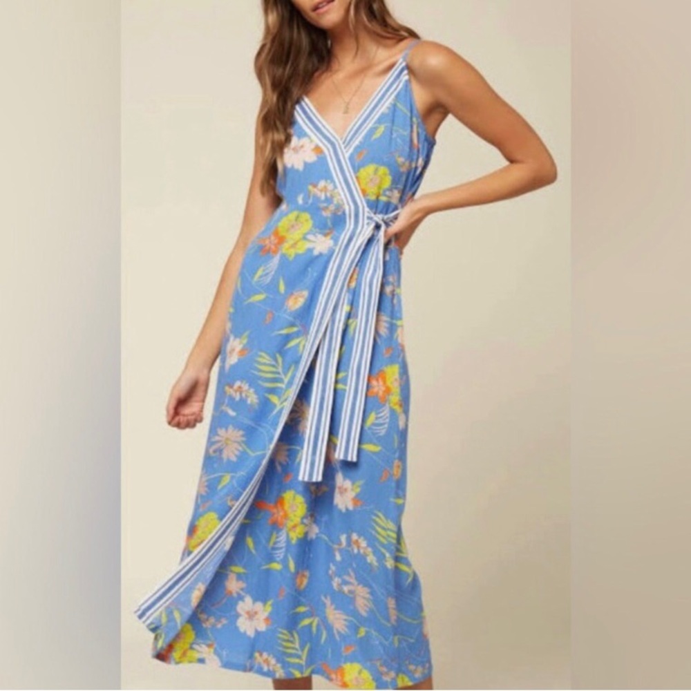 O'Neill Blue Wrap Midi Dress Sleeveless V-Neck NEW medium